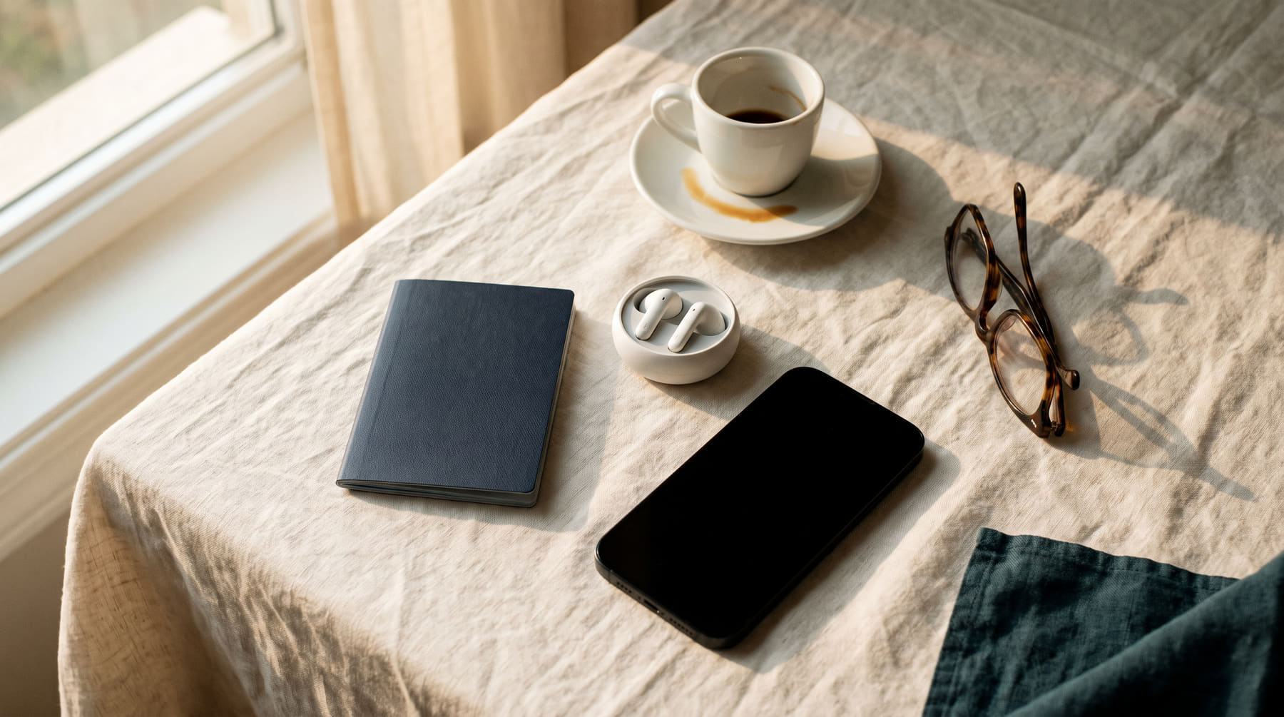 A phone, passport wallet and espresso on a linen table