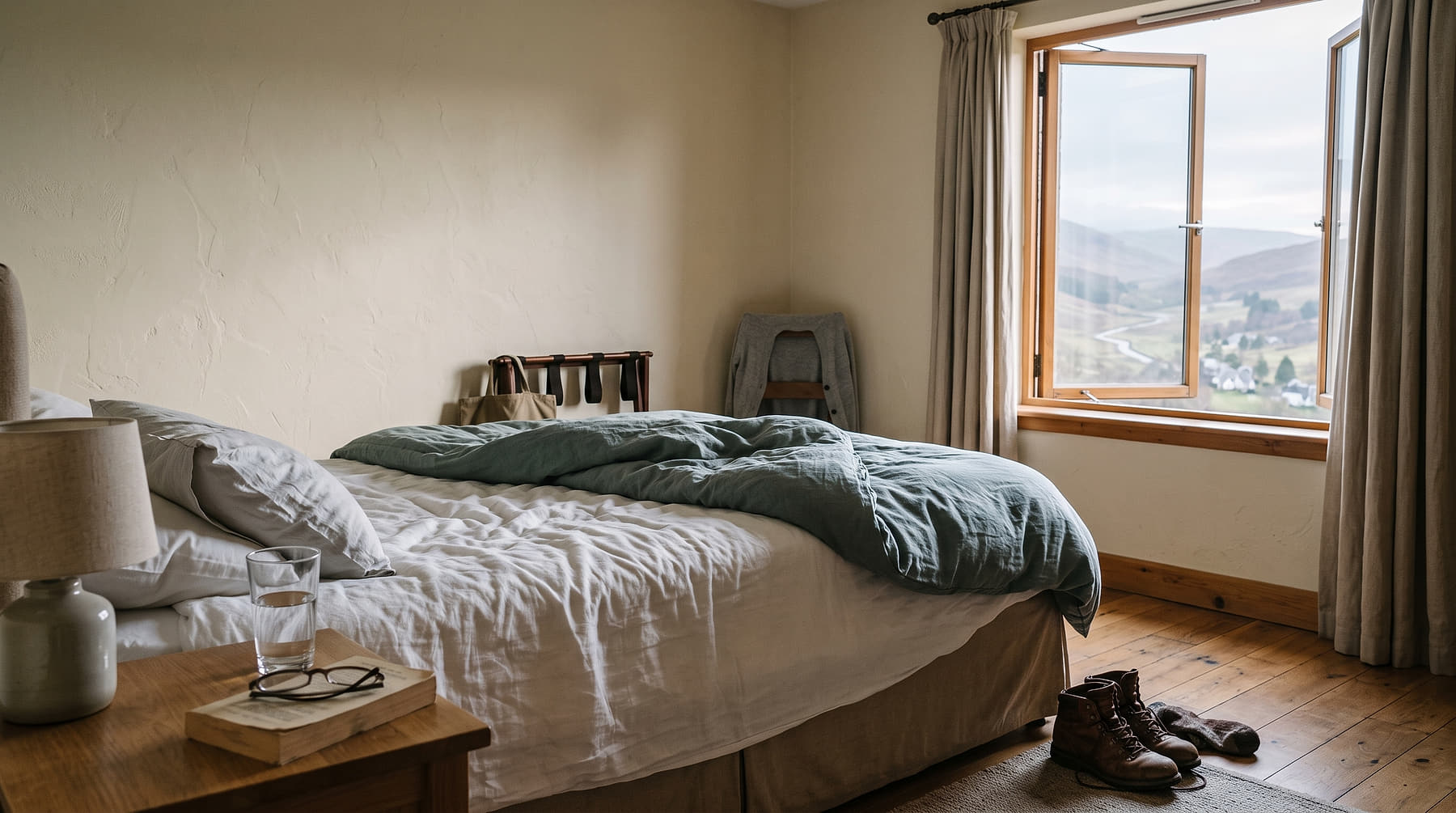 An unmade bed and an open window onto grey morning light