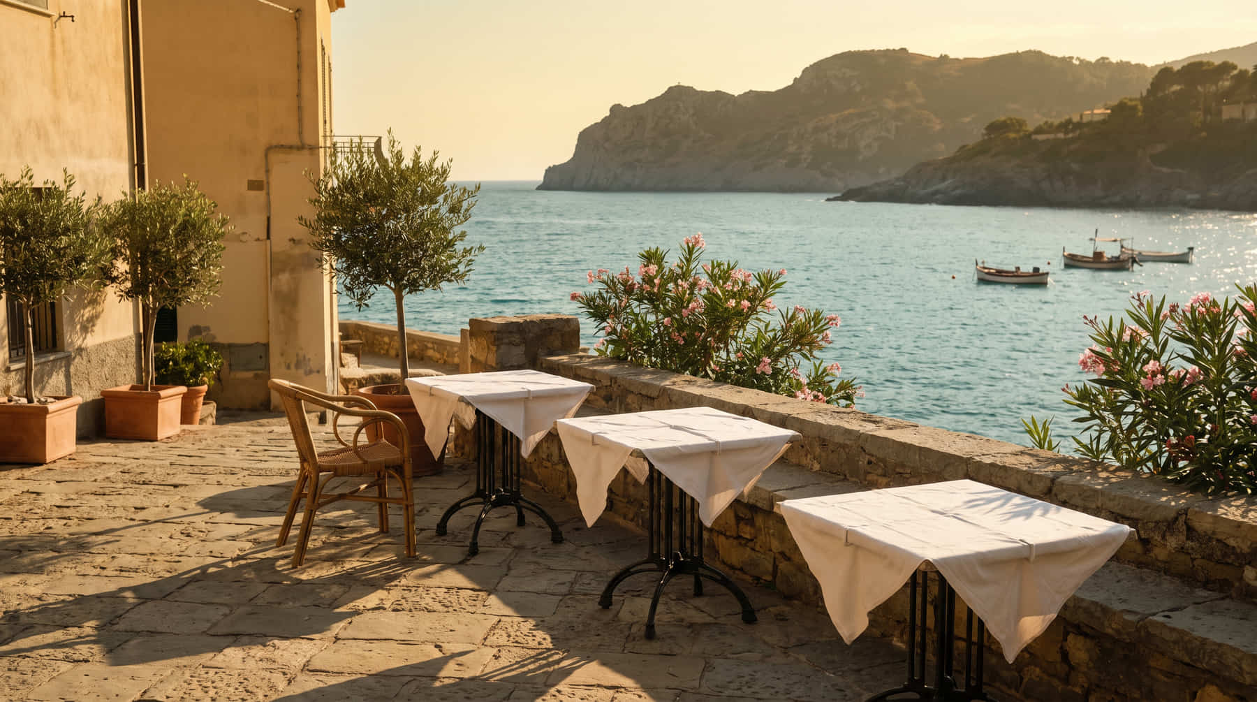 An almost empty stone terrace with white-clothed tables above a calm Mediterranean bay in low golden light