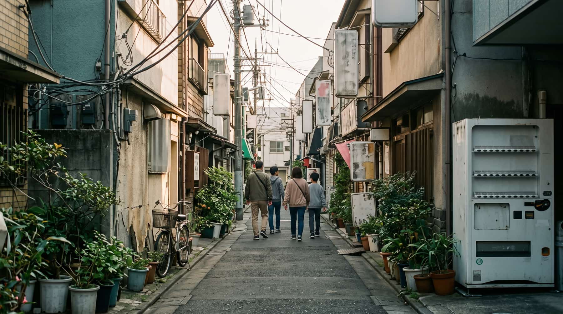 Four people walking away down a narrow Tokyo back lane in morning light